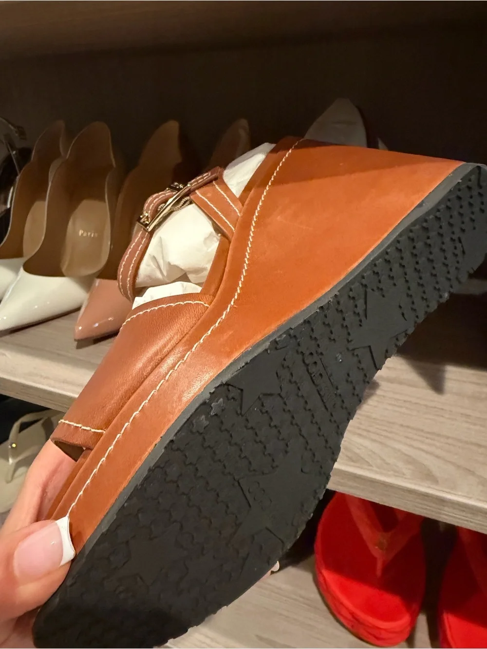 Jimmy Choo Tan Leather Wedge Sandals with Gold Hardware